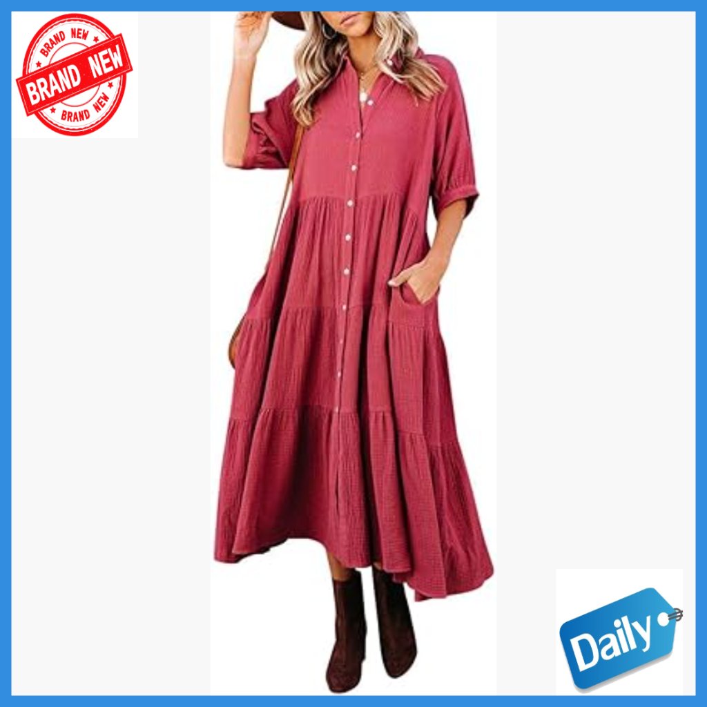 Cotton Midi Dress With Pockets, Button-Down, Casual Summer Wear